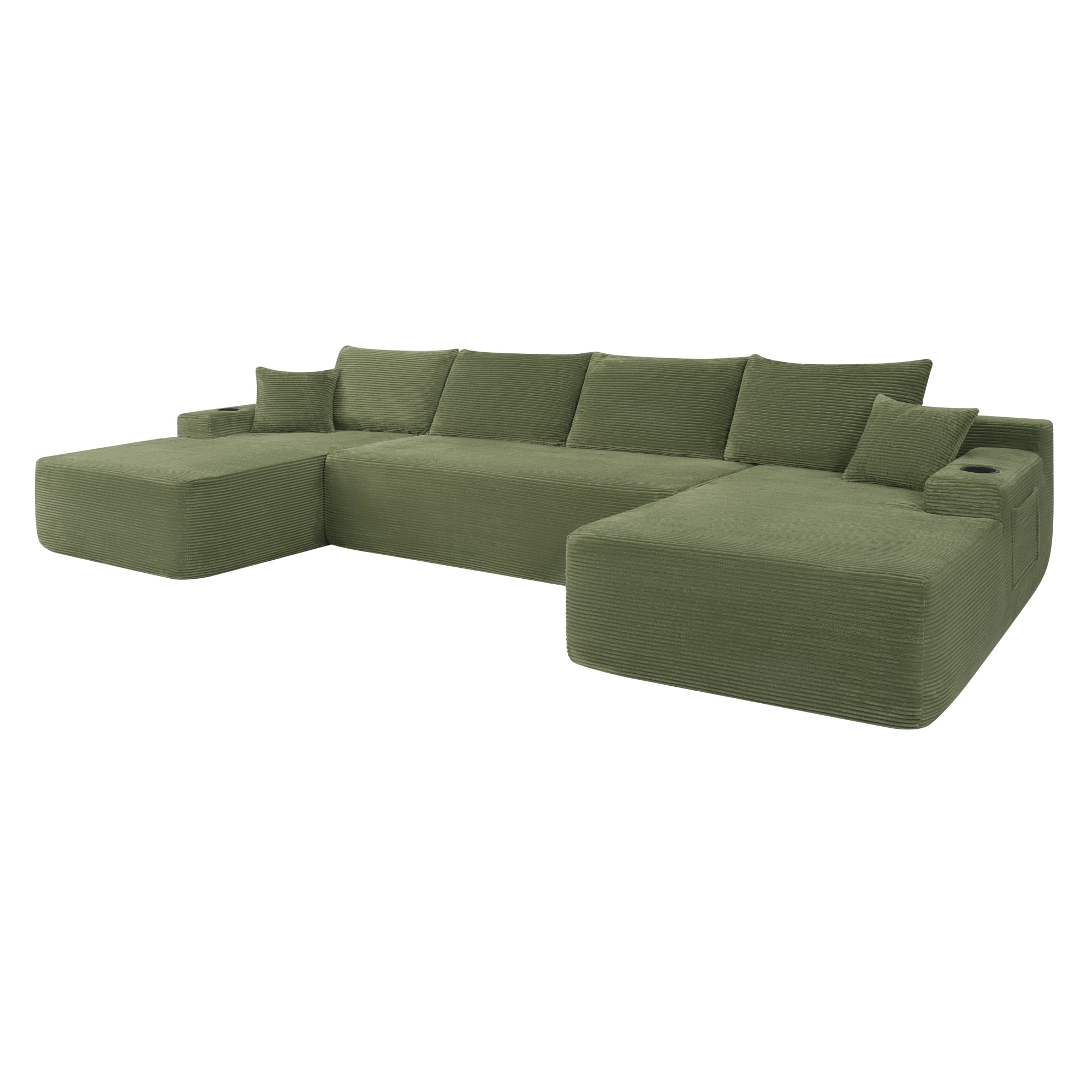 U-Shaped Sectional Sofa with Chaise and Cup Holders, 126'' Modular Sofa Couch with Side Pockets, Modern Upholstered Couch for Living Room, No Assembly Required