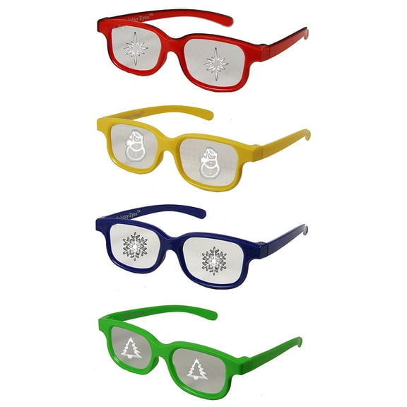 Plastic Christmas Glasses Holiday Eyes - 4 Pairs CHILDREN Size - See Snowflakes, Christmas Trees, Snowman, Christmas Star