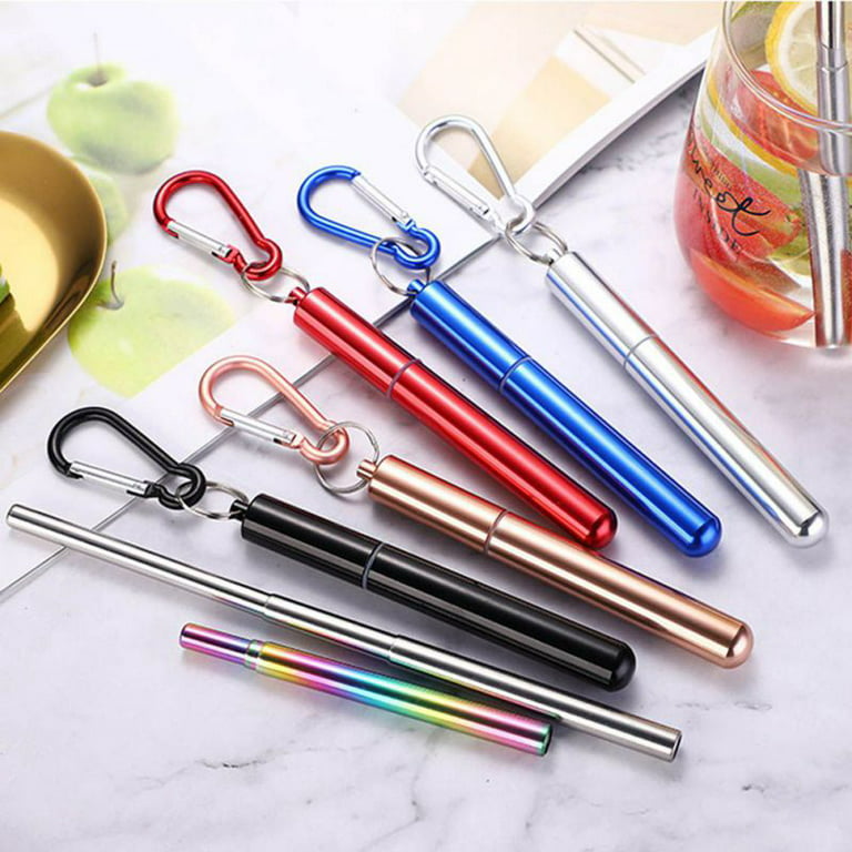 Reusable Drinking Straw Stainless Steel Collapsible Drinking Straw  Three-section Portable with Aluminum Keychain Cleaning Brush