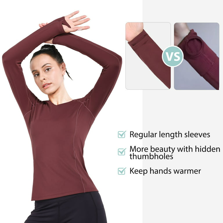 BALEAF Women's Long Sleeve Lightweight Yoga Running Sport Shirts Underscrub  with Thumb Holes Black S Wine XL