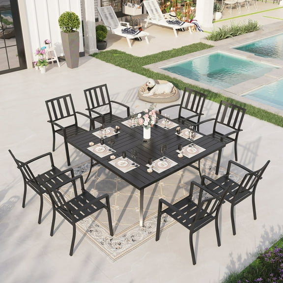 Sophia & William 9 Piece Outdoor Patio Dining Set 60" Square Table and Metal Stackable Chairs Furniture Set for 8, Black