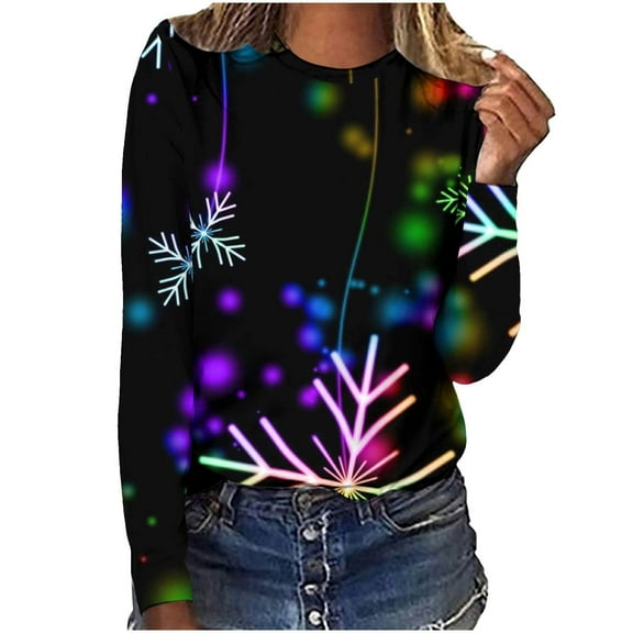 Lindreshi Christmas Shirts for Women Long Sleeve Women's Fashion Printed Loose T-shirt Long Sleeves Blouse Round Neck Casual Tops