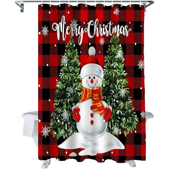 Christmas Shower Curtains 72 x 84 Inches Snowman with Xmas Tree Bath Curtain Red Buffalo Plaid Check Waterproof Polyester Fabric Bathroom Curtain with 12 Hooks Decoration