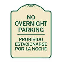 SignMission Designer Series Sign - No Overnight Parking - Prohibido Estacionarse Por La Noche | Tan & Green 18" x 24" Heavy-Gauge Aluminum Architectural Sign | Made in the USA