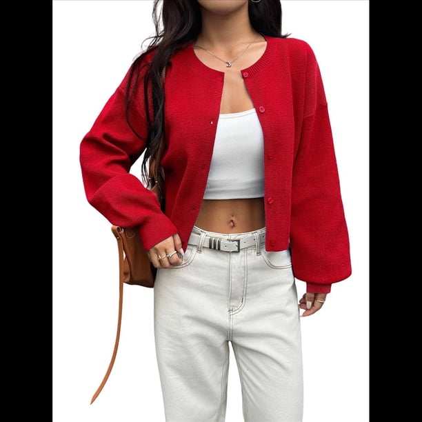 Cárdigan Corto de Punto con Botones para Mujer, Moderno Cárdigan de Otoño con Cuello Redondo y Larga. Rojo S