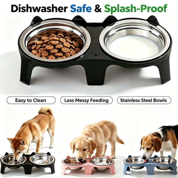 Elevated Dog Bowls, Stand with 2 Stainless Steel Dishes, Tilted Neck Protection, Non Slide Pet Tray for Cats and Dogs _ Black