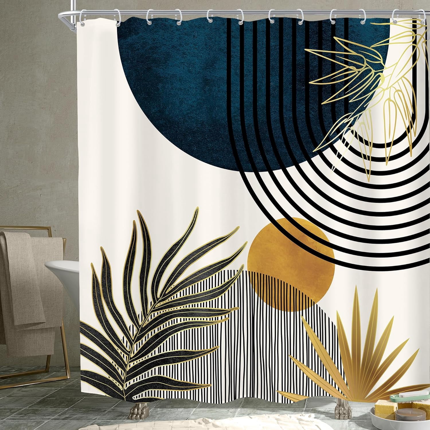 Blue Mid Century Boho Shower Curtain for Bathroom Decor 72Wx72H Inches Abstract Modern Sun Minimalist Aesthetic Arch Curve Leaves Geometric Neutral Fabric Waterproof Polyester 12 Pack Hooks