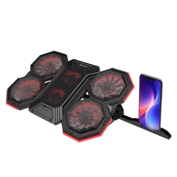 Portable Laptop Cooler - 6 Powerful Fans for Strong Heat Dissipation, 6-Speed & 6-Level Backlight (Single Knob), Dual USB Ports & Phone Holder, Fits 9-17.3 Inch Laptops, for Office/Gaming/Work/Study