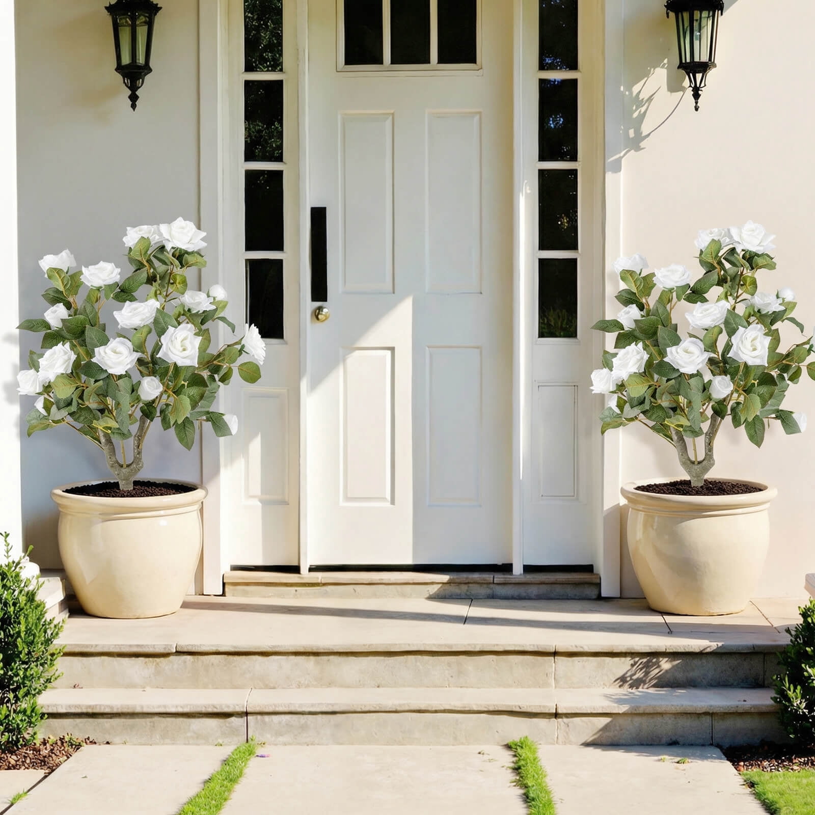 Costway 2 Pack Artificial Rose Flower Trees,31.5" with Spikes,186 Leaves & 18 White Flowers White + Green