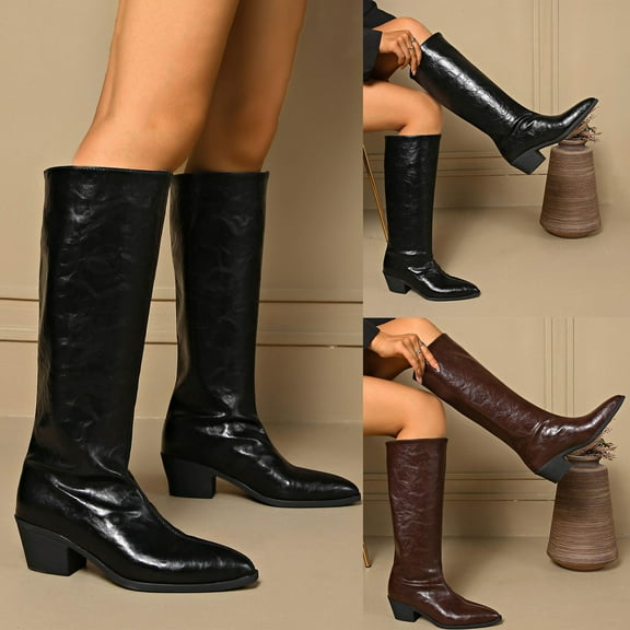 SKIYLEVZ Knee-High Boots for Women Comfort Platform Leather Boots Effortless Booties for Outdoor Winter Adventures Cushioned Insole Slip On Water Resistant Booties