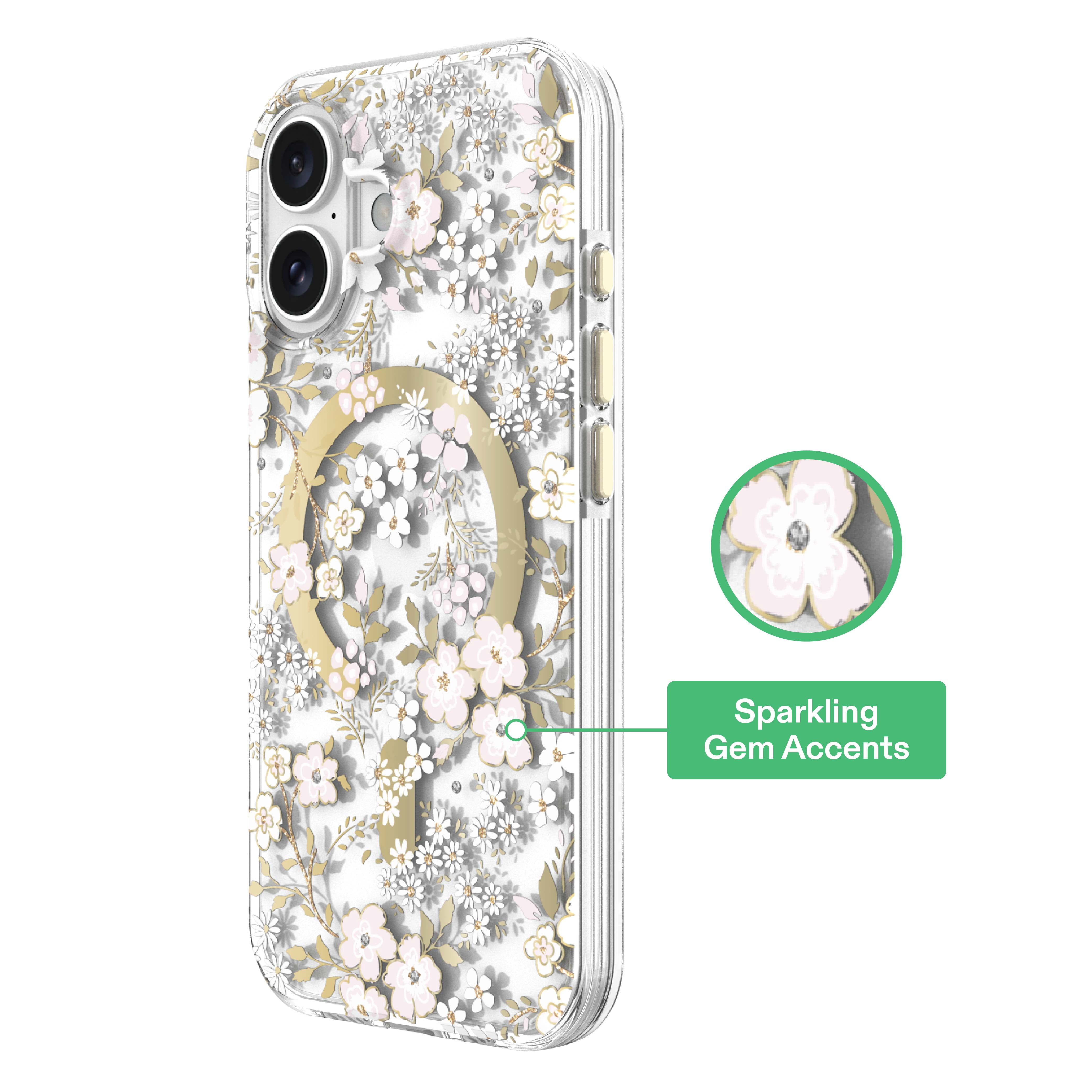onn Phone Case for iPhone 17, MagSafe Compatible - Pink & White Floral with Gems
