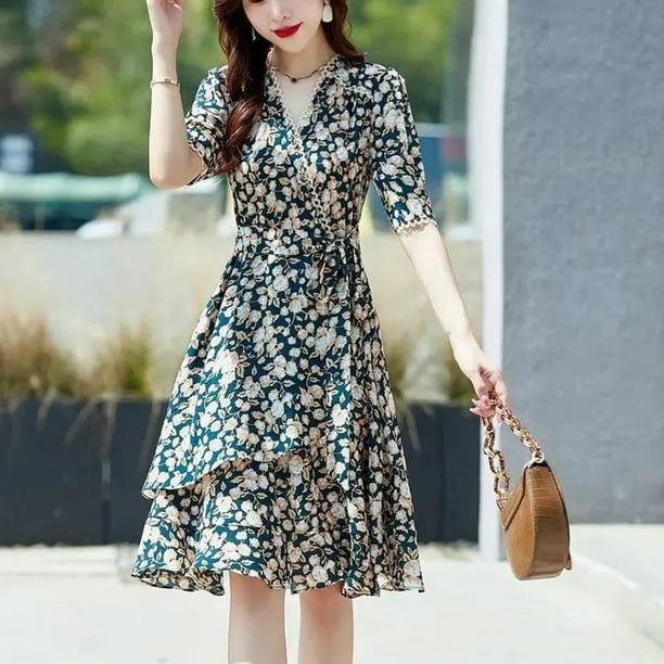 Women Summer Dress Women Fashion Short Floral Print Chiffon Dress Female  Summer Cake Dress