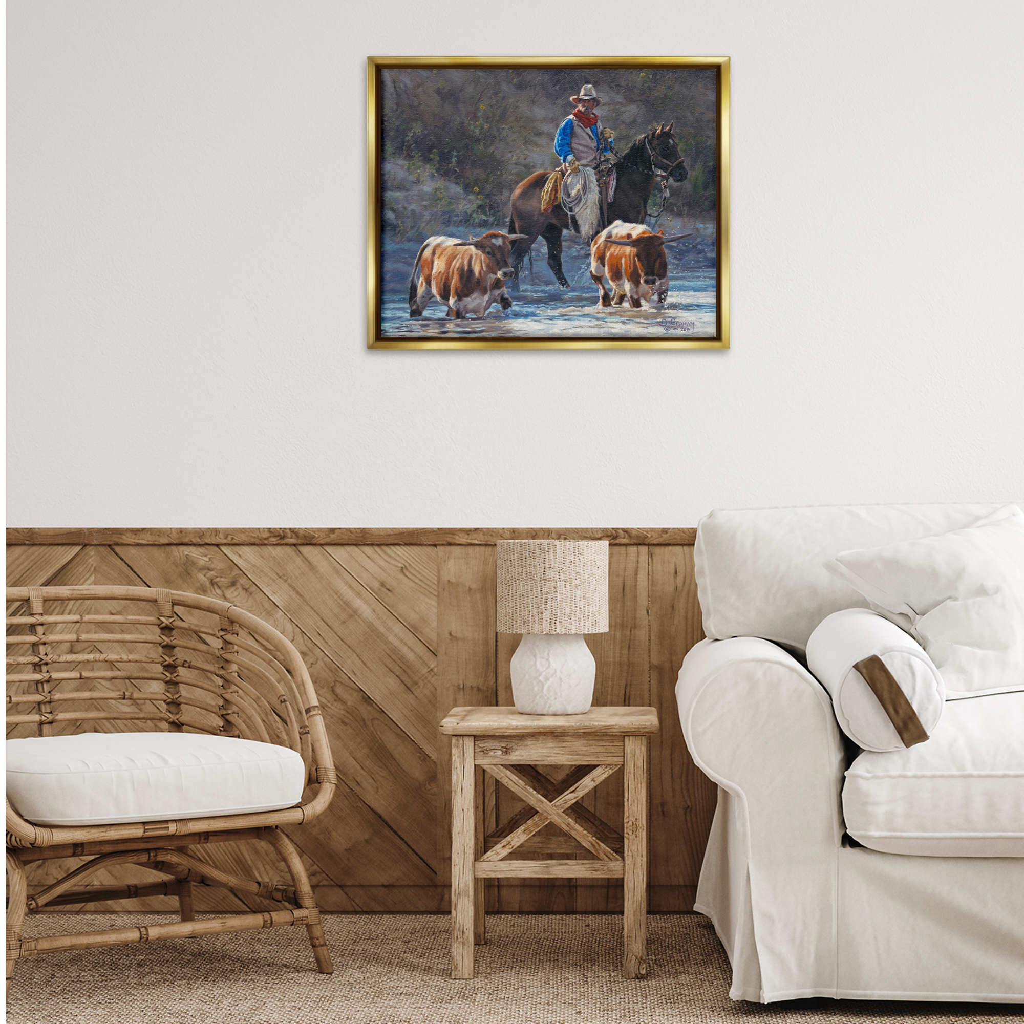 Stupell Industries Cowboy Crossing River Animals & Insects Painting Gold Floater Framed Canvas Art Print Wall Art, 31 x 25
