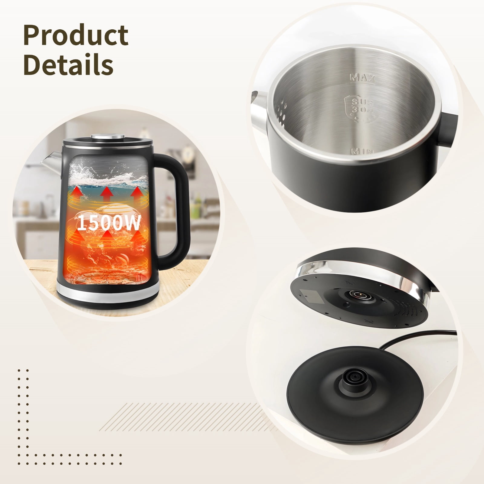 Stainless Steel Electric Kettle, 1.6L Large Capacity, 1500W Fast Boiling, Adjustable Temperature Keep Warm, LED Display, Auto Shut-Off