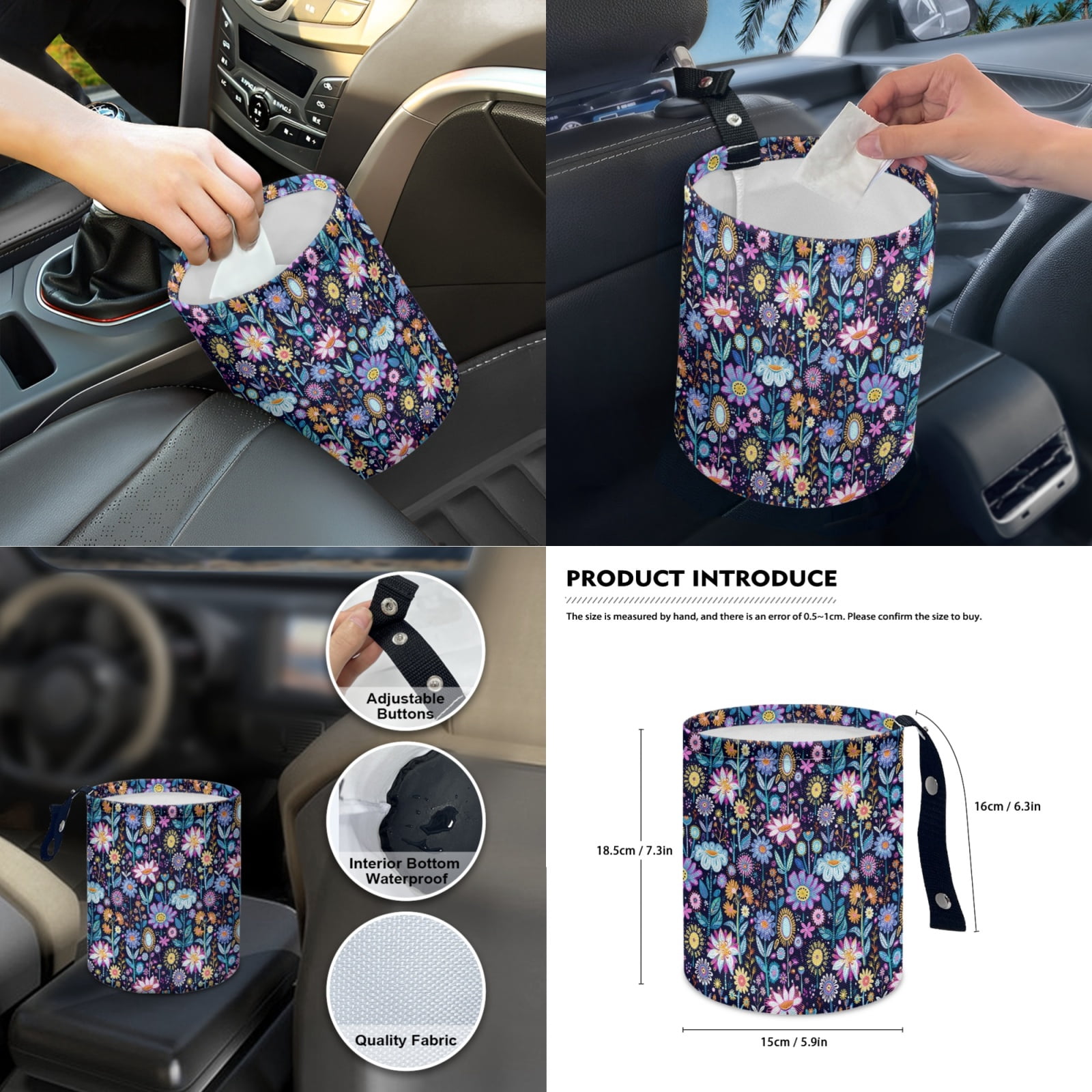 Yuyamidu Colorful Flower Car Seat Covers with Steering Wheel Cover Seat Belt Pads Coasters Waste Bin Armrest Cover Cup Holders Rearview Mirror Cover Handbrake Cover Set 14pcs Auto Accessories