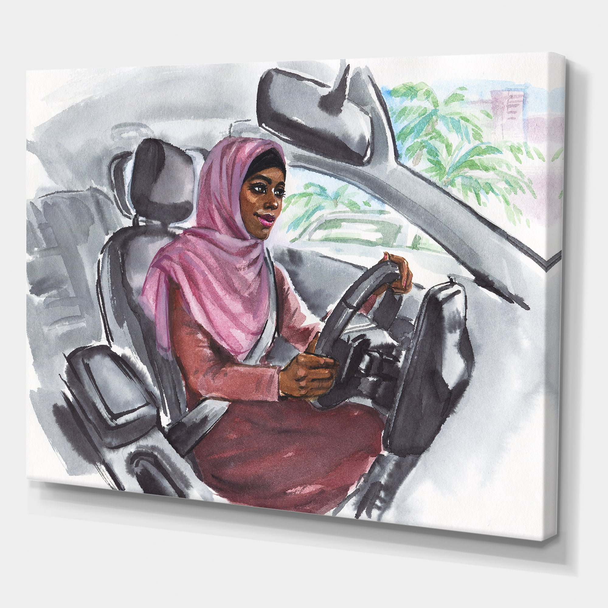 Designart ' Arabian Lady Driving A Car III ' Modern Canvas Wall Art Print