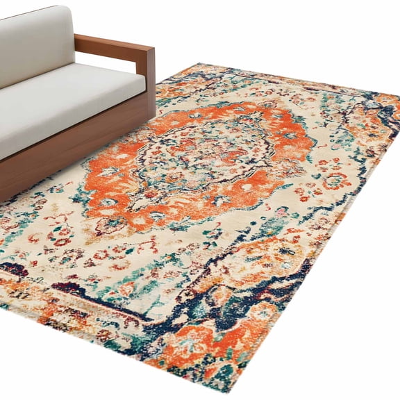 Orange Beige Boho Area Rug 4x6 Washable Rug Non Slip Vintage Ethnic Abstract Art Floral Large Area Rug Indoor Floor Carpet for Entryway Bedroom Kitchen Living Room Home Office Dining Room Nursery