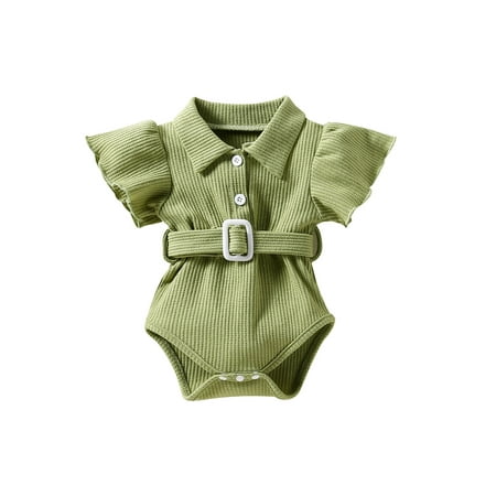 

Calsunbaby Infant Baby Girl Romper 2PCS Set Summer Solid Color Lapel Fly Sleeve Bodysuit with Waist Belt
