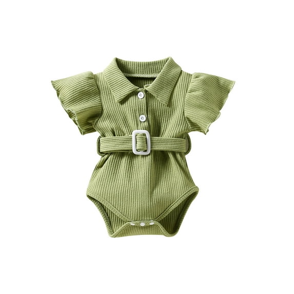TSEXIEFOOFU Baby Romper, Solid Color Turn-Down Collar Fly Sleeve Bodysuit with Waist Belt for Summer, 0-24 Months