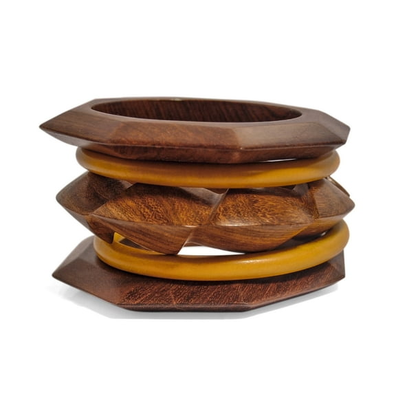 Pure Hands Handmade Wooden Bangles Bracelet Set of 5 – Quintessence of Harmony, Sissoo & Saffron Teak Wood, Wedge & Round Shapes, Wax Polished Jewelry for Women