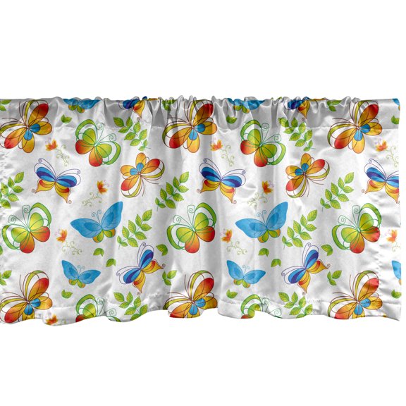 Ambesonne Cartoon Window Valance, Flowers Leaves Butterflies, 42" x 12", Blue and Green