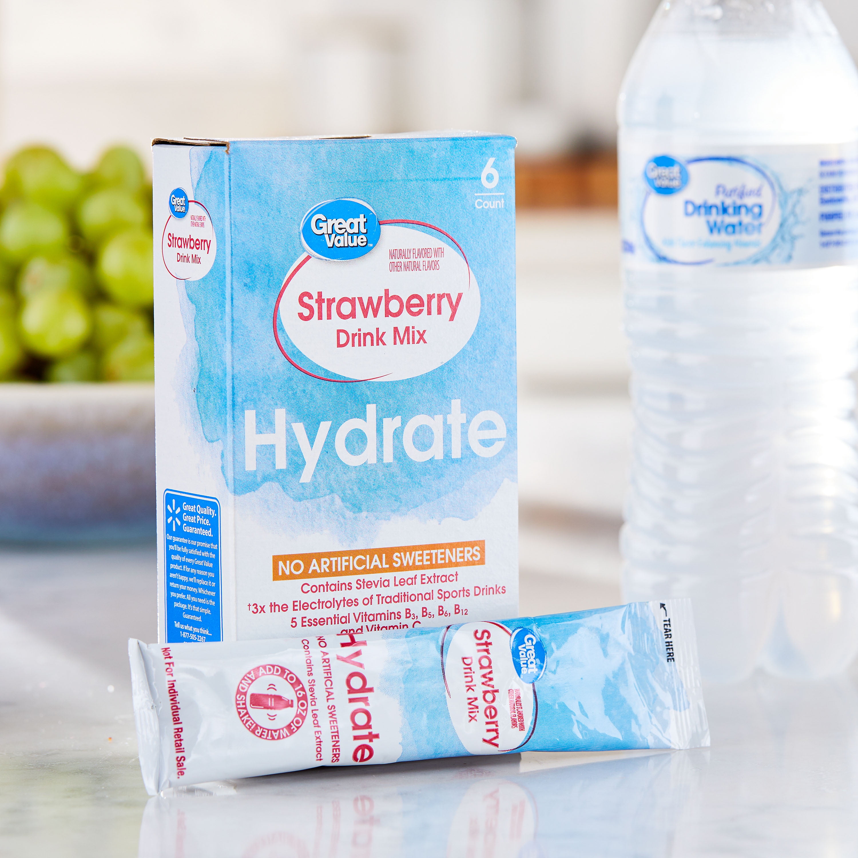 (3 pack) Great Value Strawberry Hydration Powdered Liquid Drink Mix, 0.56 oz, 6 Packets
