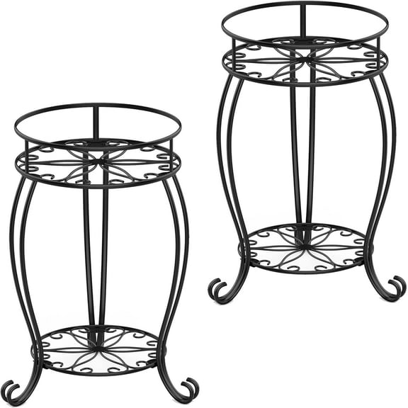 2 Pack Plant Stands, Heavy Duty Metal Planter Holder Indoor Outdoor, 2 Tier Round Potted Supports Rack, Corner Display Shelf Black