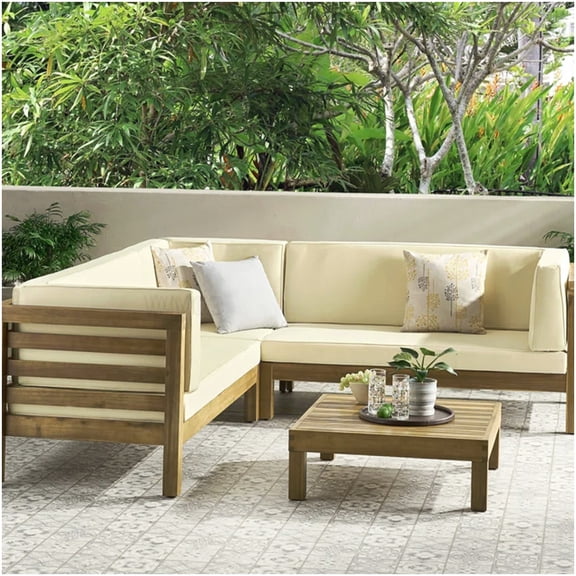 Modern Acacia Wood Outdoor Sectional Set with Beige Water-Resistant Cushions