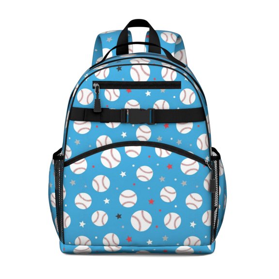 Baseballs and Stars Light Blue Pattern Cute School Backpack Bag for School with Padded Back and Adjustable Shoulder Straps 15.25"x11.5"x5.25"