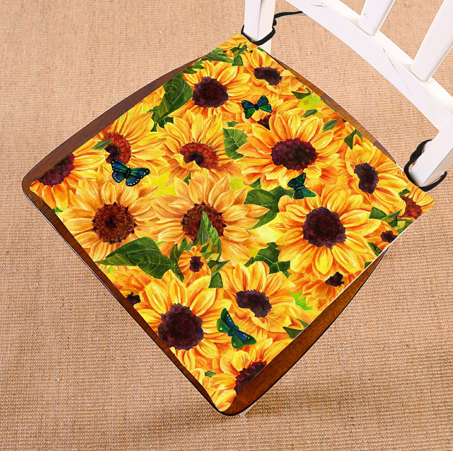 ABPHQTO Vibrant Watercolor Sunflowers Butterflies Chair Pad Seat