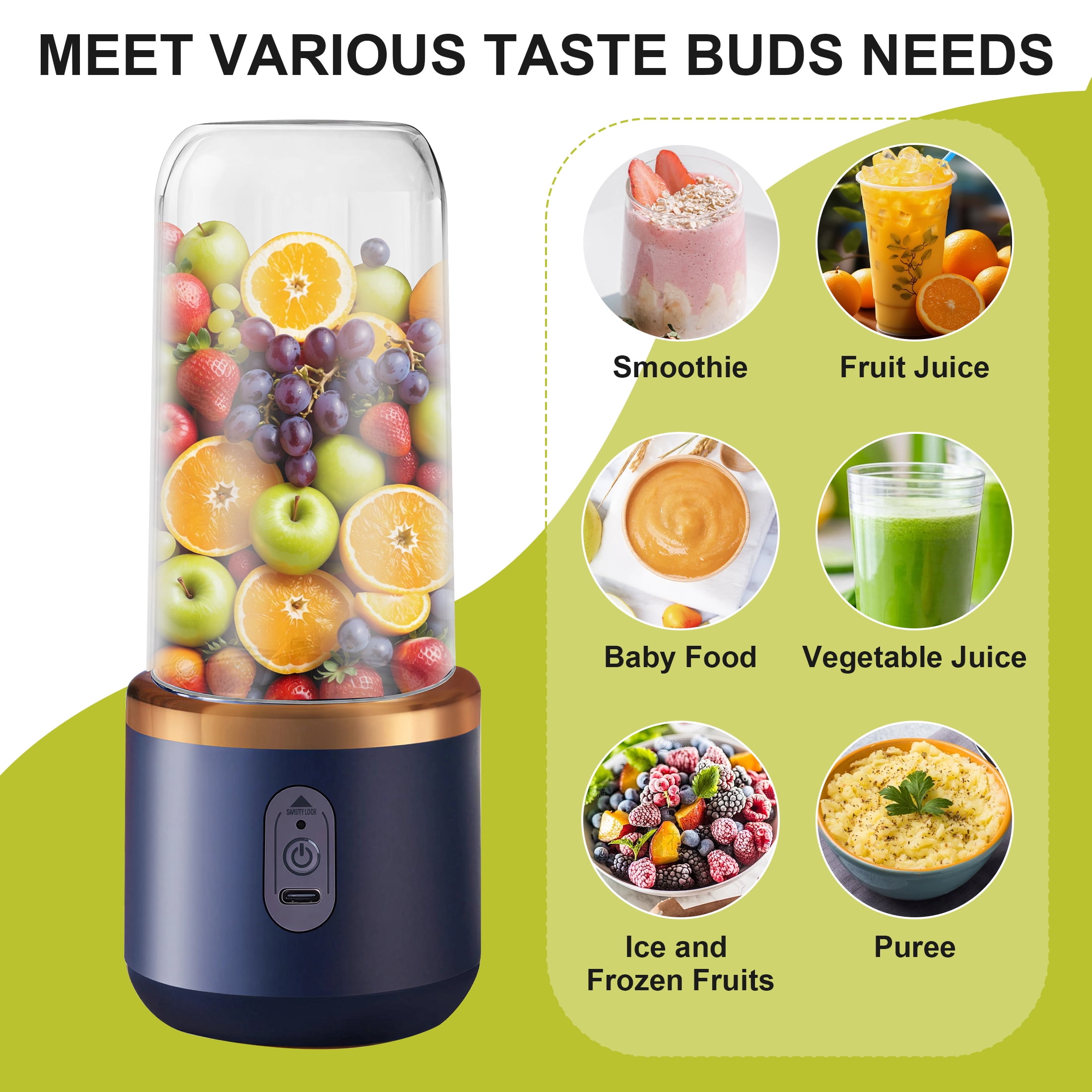 GARITIN Personal Portable Blender for Smoothies & Shakes, USB-C Rechargeable Compact Juice Mixer with 13.5oz Travel Cup, for Gym, Travel, Home, Blue