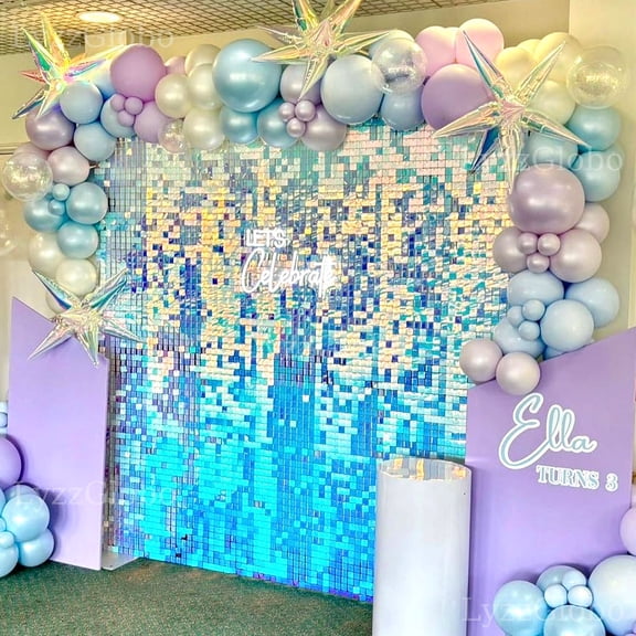 30PCS Iridescent Blue Sequins Wall Panels 6x5FT Holographic Laser Blue Shimmer Backdrop Panel for Birthday Baby Shower Wedding Decor