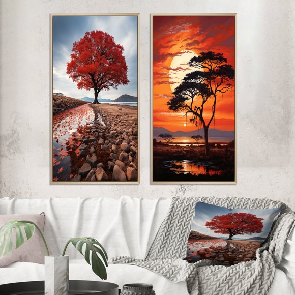 Designart "Monochrome Red And Grey Tree silence I" Trees Framed Wall Art Set Of 2 - Red Landscapes Framed Canvas Set For Living Room Decor