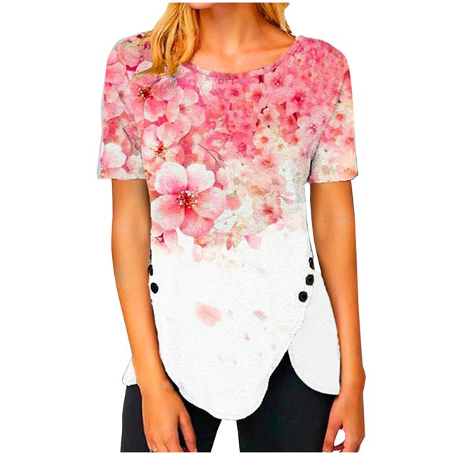 Moda mujer casual manga manga corta cuello redondo botón impreso tops blusa Pompotops hkajfhjk466705