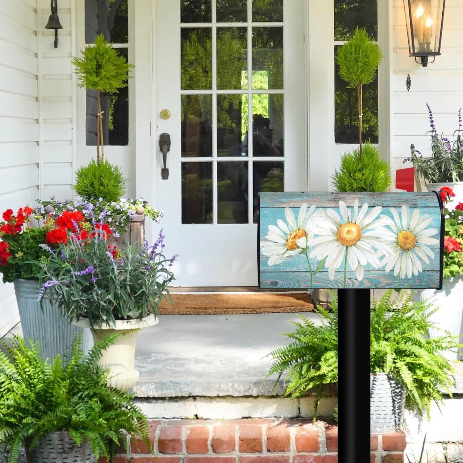 Rustic Summer Daisy Mailbox Covers, Spring 21x18 Inch Teal Old Wood Board Magnetic Standard Size Wrap Post Letter Box Cover for Garden Yard Decor