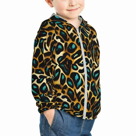 

Uemuo Teal Leopard Pattern Rash Guard for Boys Girls Long Sleeve Swim Shirts UPF 50+ UV Sun Protection Hooded Fishing Shirt with Pocket for Kid-2 Years