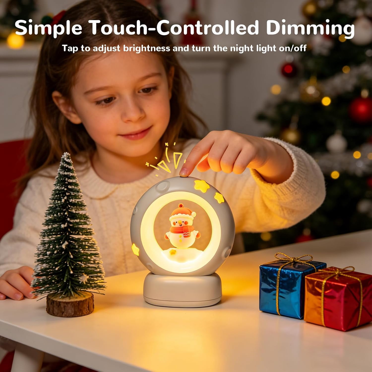 Space Christmas Night Light for Kids Baby, Cute Christmas Tree Nursery Lamp with Touch Sensor, Dimmable Rechargeable Bedside Light, Christmas Gifts for Boys Girls
