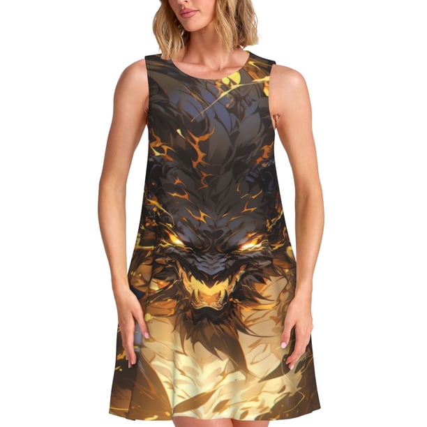 Fotbe Cool Black Gold Dragon Vestido de Verano sin Mangas para Mujer – Vestido Midi Línea A, Estilo Camiseta Floral, Vestido Playero Casual y Fluido