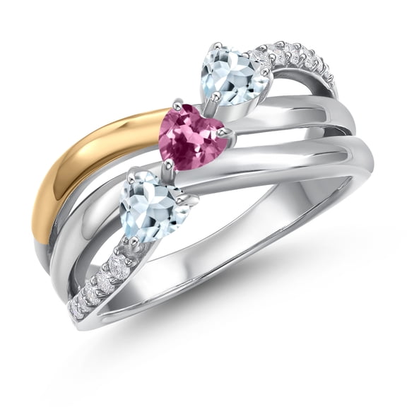 Gem Stone King 925 Silver and 10K Yellow Gold Sky Blue Aquamarine and Pink Tourmaline and Lab Grown Diamond Engagement Ring for Women | 0.82 Cttw | Heart Shape Gemstone March Birthstone | Size 8
