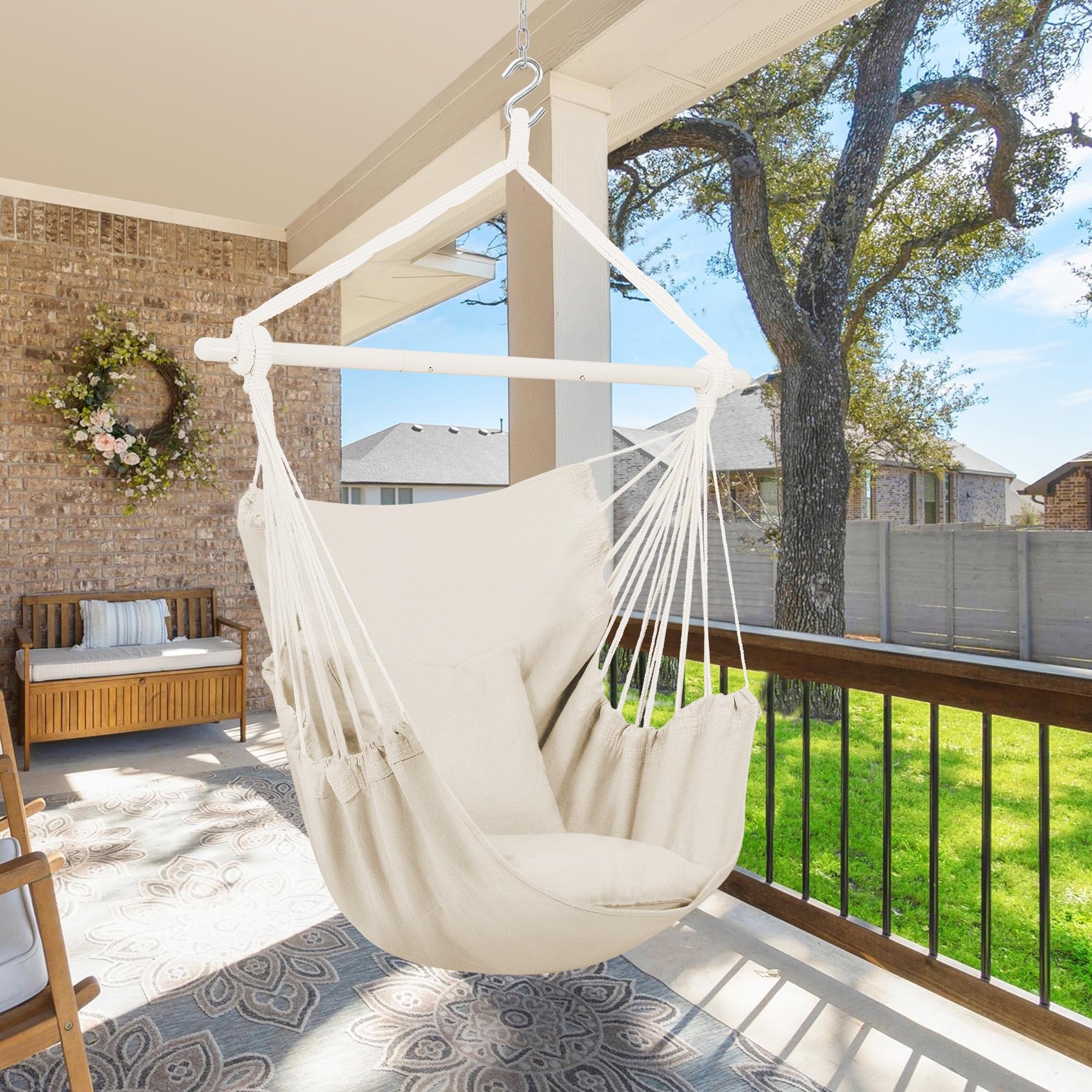 Large Hammock Chair Swing, Relax Hanging Rope Swing Chair with Detachable Metal Support Bar & Two Seat Cushions, Cotton Hammock Chair Swing Seat for Yard Bedroom Patio Porch Indoor Outdoor - image 2 of 10