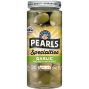 Pearls Specialties Garlic Stuffed Queen Olives 7 oz. Jar. Major Allergens Not Contained.