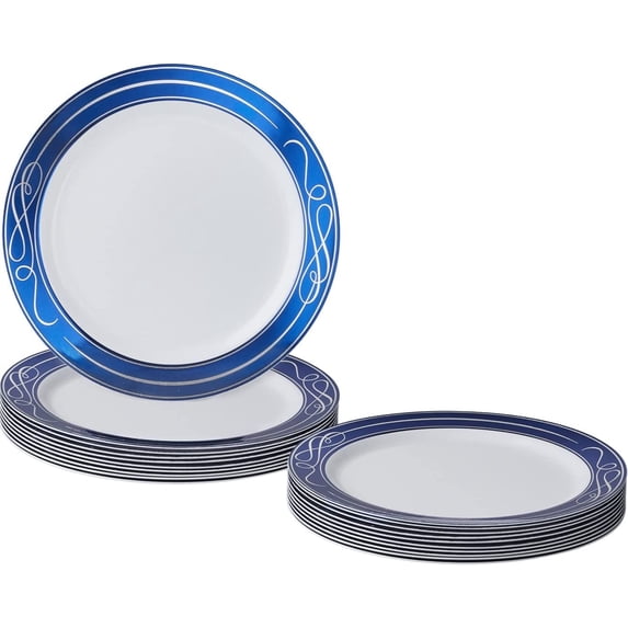 Elegant Disposable Plates For Party - (10 Piece) Heavy Duty Disposable Dessert Set 7.5”, Fine Dining Plastic Dishes For Elegant China Look, Great Upscale Parties, Wedding, Events & Servings, Blue