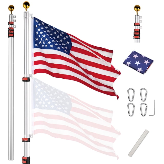 Yescom EZ GO 25Ft Commercial Telescoping Flag Pole Kit Portable Display Sign Banner Pole for Outside Hotel Business Events Advertising Flag Silver