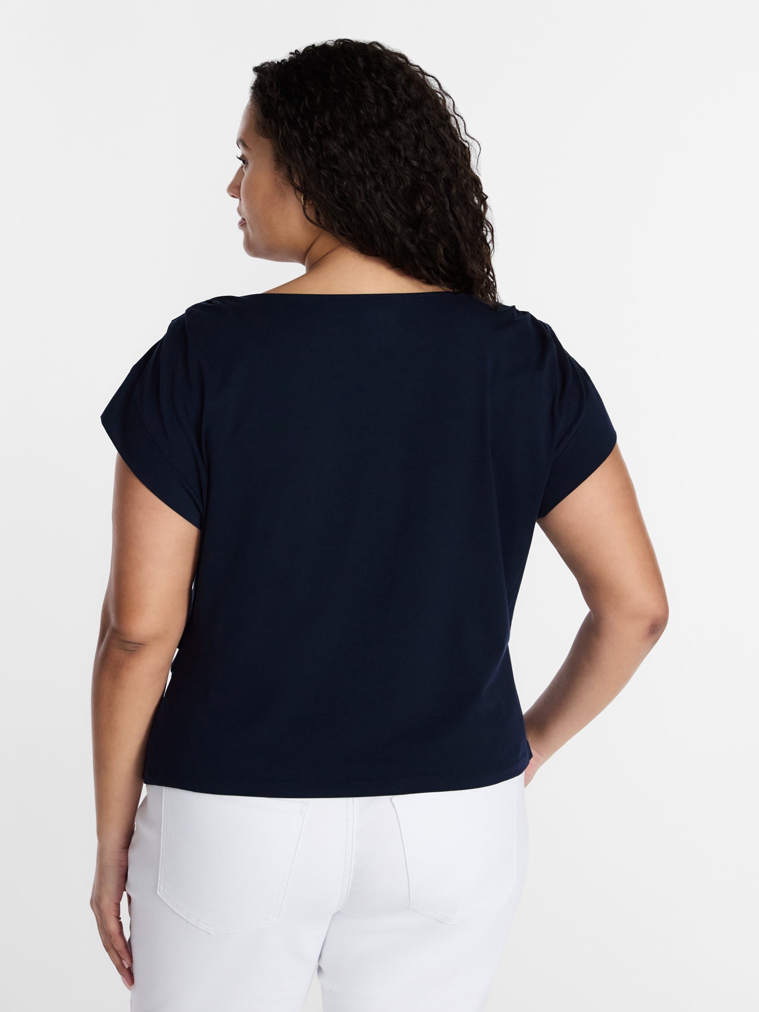 Terra & Sky Women’s Plus Pleated Shoulder Top with Short Sleeves, Size 0X-5X