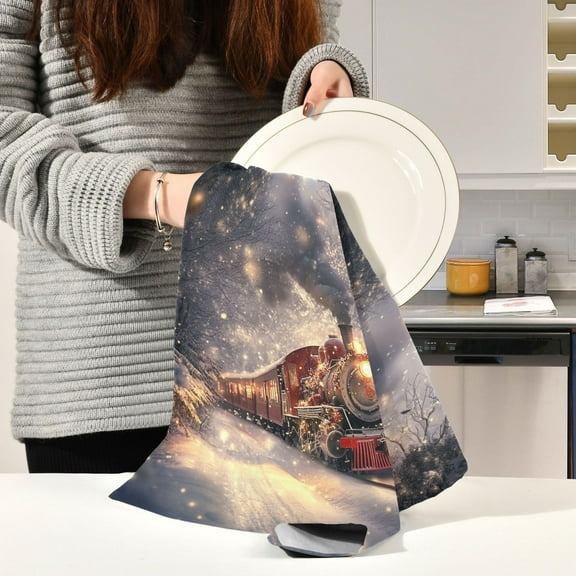 BZSMCE Kitchen Towels Creative Red Christmas Train Pattern Durable Kitchen Towel