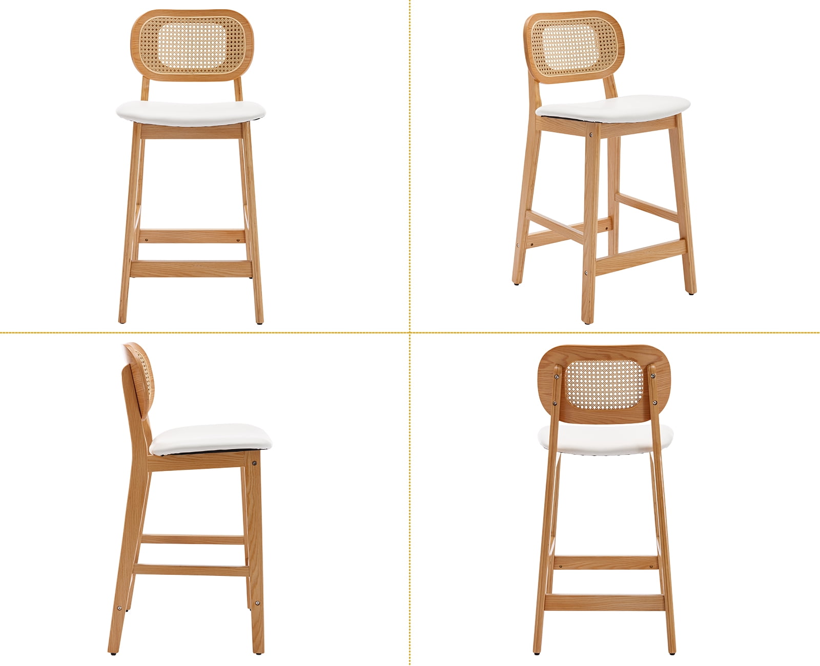 Dayalane Rattan Counter Height Bar Stools Set of 2, 26" Mid Century Modern Wood Farmhouse Barstools with Footrest, PU Upholstered Kitchen Island Chairs for Pub Restaurant, White