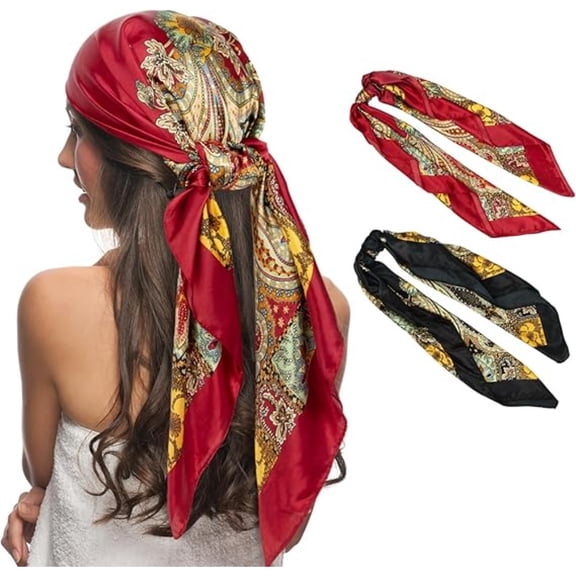 2 Piece Set of 35" Square Hair Scarves, Lightweight Polyester Scarves for Women, Versatile Head Wrap, Neck Scarf or Hair Accessory for Travel, Work and Home Use