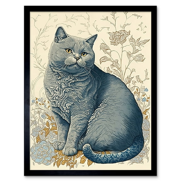 William Morris Inspired Cat Portrait with Flowers Modern Illustration Art Print Framed Poster Wall Decor 12x16 inch