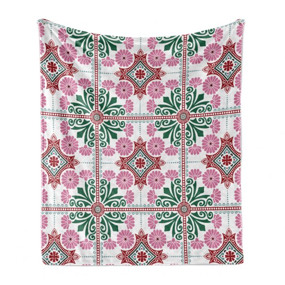 Floral Soft Flannel Fleece Throw Blanket, Rhythmic Eastern European Flower Mosaic Tiles Inspired Motifs, Cozy Plush for Indoor and Outdoor Use, 70" x 90", Jade Green Pale Fuchsia, by Ambesonne