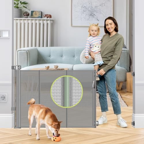 Open Box HEELALBABY REINFORCED 55" WIDE RETRACTABLE DOG GATE WITH SUPPORT BEAM - GRAY